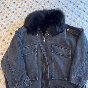 Women's Black Denim Jacket with Faux Fur Collar